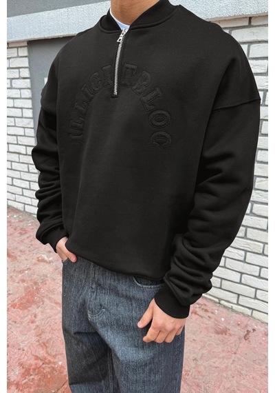 Flaw Nakışlı Half Zip Sweatshirt-28695 Sİyah