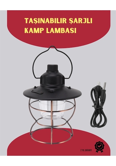 Usb Şarjlı Retro Led Kamp Feneri 4 Işık Modu, Su Geçirmez, Taşınabilir .