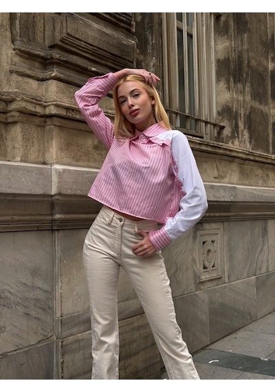 Mamayaga Kadın Özel Tasarım Yaka Kol Düğmeli Çizgi Garnili Crop Boy Tesettüre Uygun Bluz Gömlek Pudra