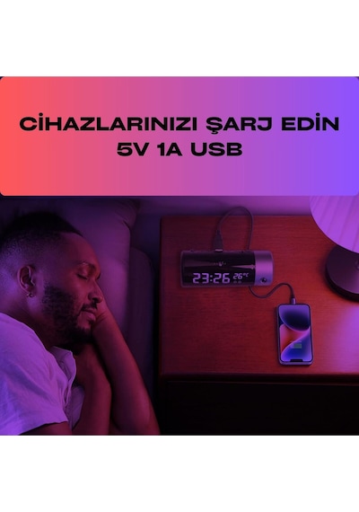 Projeksiyonlu Led Dijital Çalar Saat Usb Güç Çift Alarm Tavan & Duvar Yansıtma Masa Saati Siyah