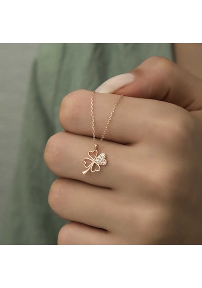 Gumush Gümüş Rose Kalpli Dört Yapraklı Yonca Kadın Kolye