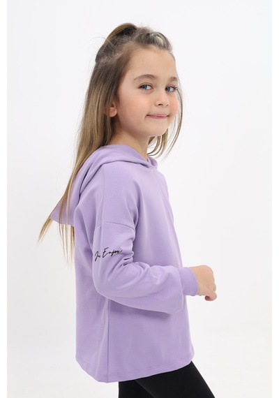 Toontoy Kız Çocuk Relax Fit Kapüşonlu Düşük Omuz Baskılı Sweatshirt - 2 İplik Lila