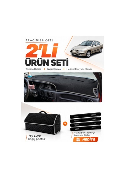 Renault Megane 1 1995-2003 Uyumlu Torpido Örtüsü + Tay Tüyü Bagaj Çantası + Sticker - Siyah Gri