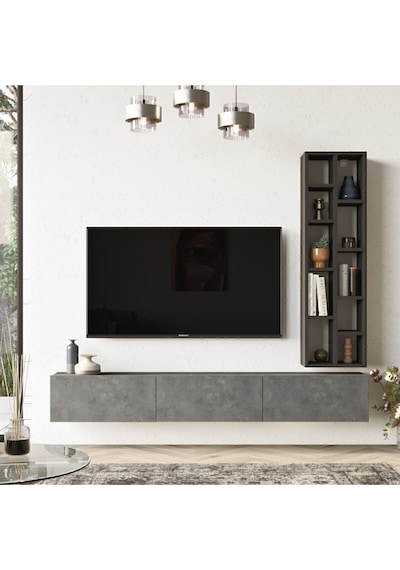 Arya 175cm Tv Ünitesi Kitaplık Beton-siyah Ary9-rl Gri - Siyah