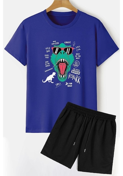 Uyguntarz Dinazor Baskılı Şort T-shirt Eşofman Takımı Mavi