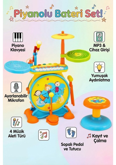 Işıklı Piyanolu Bateri Seti - Mikrofonlu, Tabureli Ve Mp3 Bağlantılı Çocuk Müzik Eğitim Seti