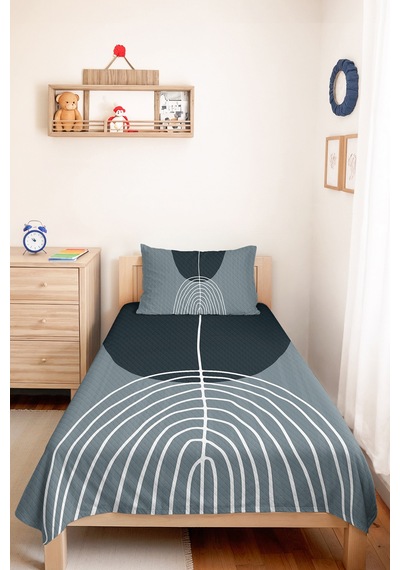 Mavi Geometrik Modern Genç Odası Tek Kişilik Pike Takımı - Antrasit 160x220 Cm Kapitone Yatak Örtüsü Keten Ufuk Harmonu