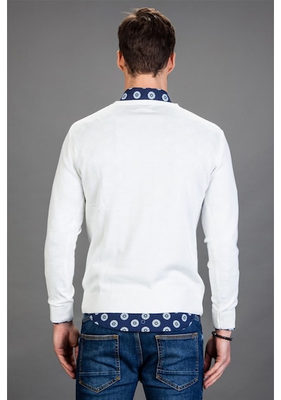 Tudors Slim Fit Dar Kesim V Yaka Pamuklu Erkek Kazak-14376 Beyaz