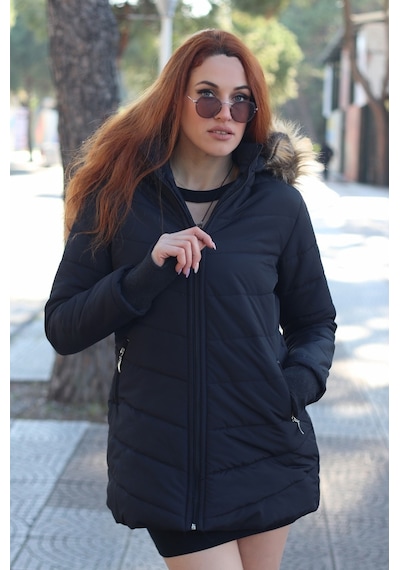 Barbora Kışlık Eldivenli Kapüşonu Kürklü Kadın Şişme Mont Tr121siyah33 001