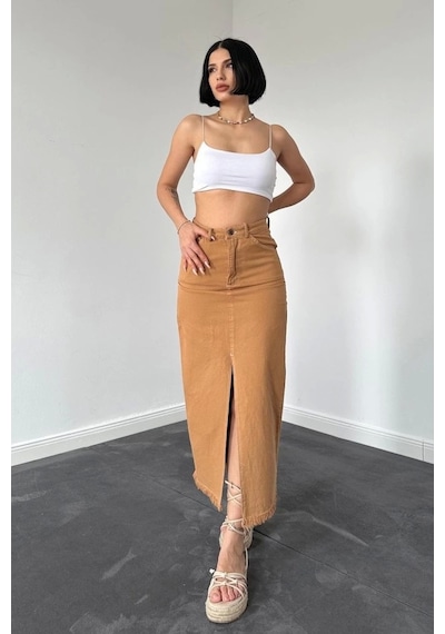 Defymoda Camel Gabardin Boyamalı Püsküllü Etek CAMEL