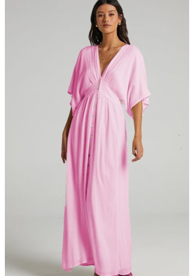 Madmext Pembe V Yaka Düğmeli Elbise Mg2339 Pembe