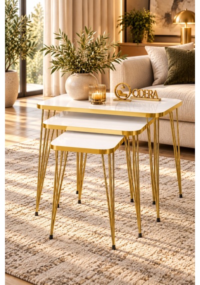 Odera Beyaz Tel Zigon Sehpa 3'lü Set Metal Ayaklı Modern Retro Salon Sehpası Diğer