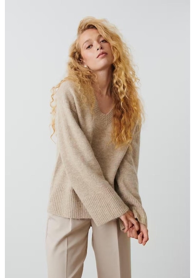 Madmext Bej V Yaka Oversize Kadın Triko Kazak Mg2149-bej Bej