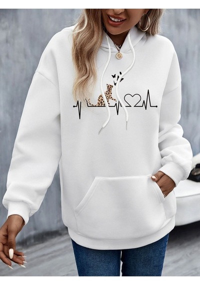 Altamira Beyaz Kedi Baskılı Oversize Kapşonlu Sweatshirt 001