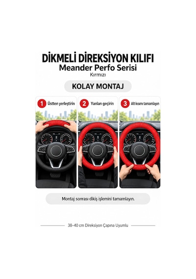 Trobus Jeep Grand Cherokee 2011-2021 Uyumlu Dikmeli Direksiyon Kılıfı Meander Perfo Kırmızı