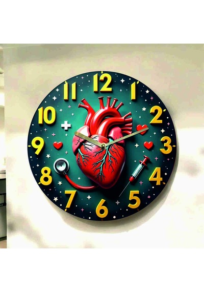 AA Shop Kalp Doktor Hemşire Renkli Baskı Desenli Sayılı Hediyelik Ahşap Sessiz Tablo Duvar Saati 733 Çok Renkli