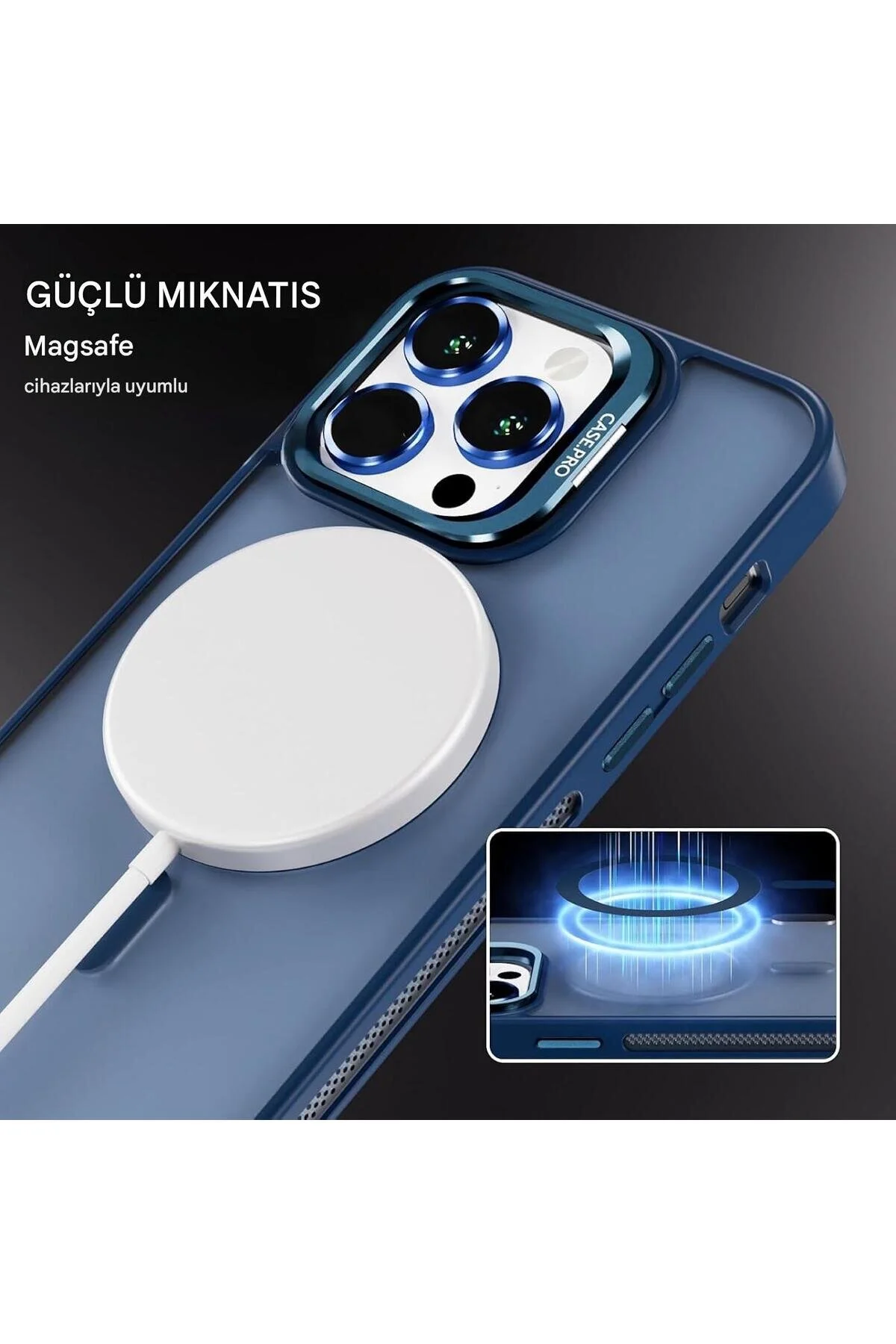 İphone 14 Pro Uyumlu Magsafe Kılıf Mıknatıslı Standlı Darbeye Dayanıklı Mat Şeffaf Arka Kapak Lens li Lacivert