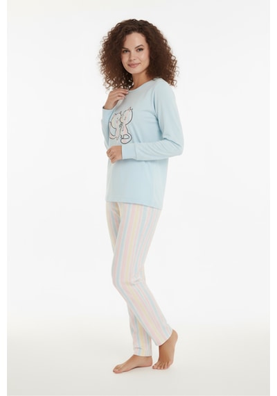 Luxury Thermal Gökkuşağı Kedi Desenli Kadın Polar Kışlık Pijama Takımı 42052 Çok Renkli