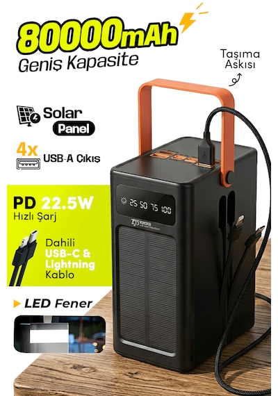 7go Gpw-10 80000mah Güneş Enerjili Powerbank Pd 22.5w Hızlı Şarj Dahili Kablolu, 4 Usb Çıkışlı Taş Siyah