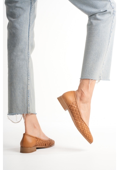 Analin Shoes Kadın Hakiki Deri Örgü Detaylı Babet Taba