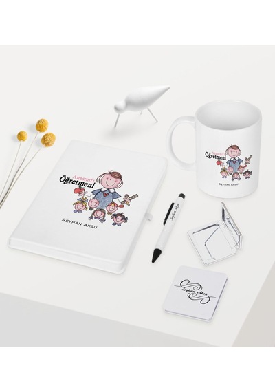 Kişiye Özel Anasınıfı Öğretmeni Temalı Beyaz Defter Kalem Kupa Ay N11.2498 Beyaz
