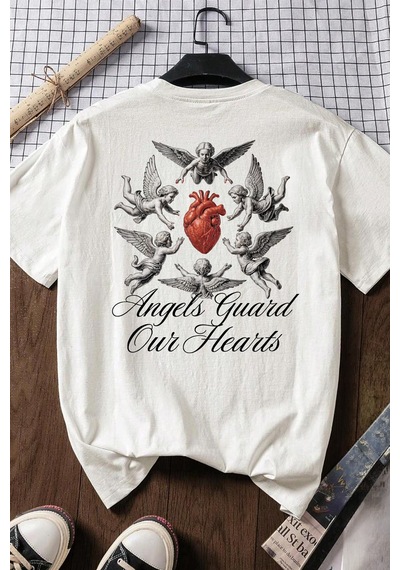 Spoyi Angel Heart Tasarımlı %100 Pamuk Yarım Oversize Beyaz T-lhirt