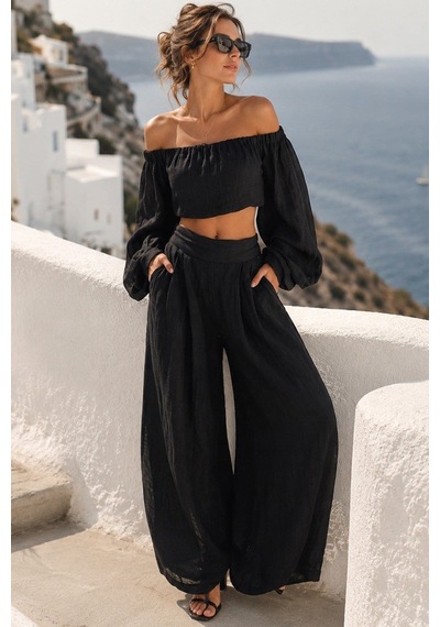 Madmext Siyah Madonna Yaka Bluz Bol Paça Pantolon Kadın Takım Mg2863