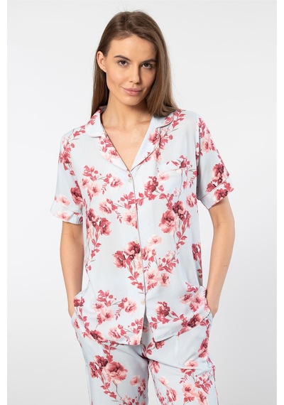 Türen Kadın Desenli Kısa Kol Dokuma Pijama Takımı Mavi