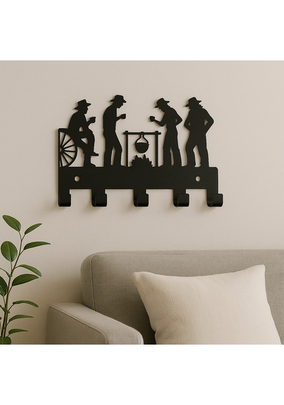 Lunoart Modern Kovboy Silüetli Metal Anahtarlık 5 Askılı Siyah Dekoratif Organizer Siyah