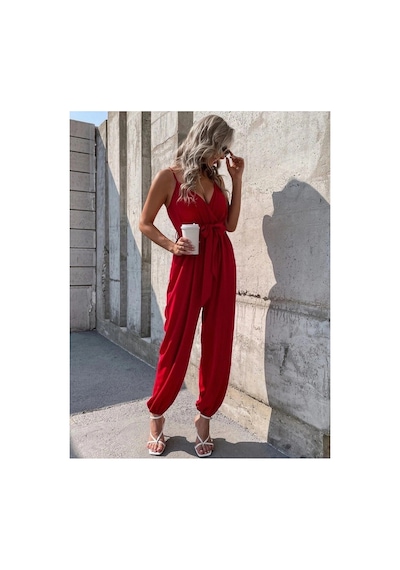 Butik İstanbul Kadın Ip Askılı Kruvaze Yakalı Belden Kuşaklı Uzun Sandy Tulum Kırmızı