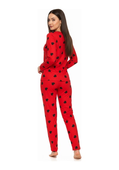 Bisiklet Yaka Süet Kırmızı Pijama Takımı 6010 Siyah Kalpli Gümüş
