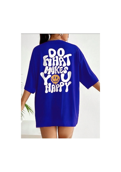 Medinenur Do What Makes You Happy Baskılı Kadın T-shirt Mavi