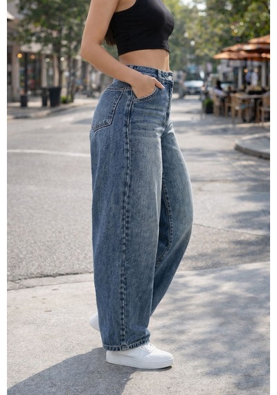 Cedy Denim Cedy Denım Yüksek Kalite Kadın Yüksek Bel Baggy Skater Jean Mavi