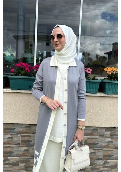 Rabia Şamlı İmge Çizgili Triko Hırka Gri Normal