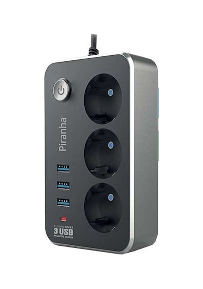 Piranha 3396 3xUsb Çıkışlı 3'lü Anahtarlı Termal Akım Korumalı Priz 2 Metre Siyah