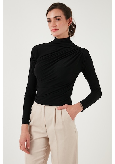 Lela Streç Büzgü Detaylı Slim Fit Dik Yaka Bayan Bluz 669925 Siyah