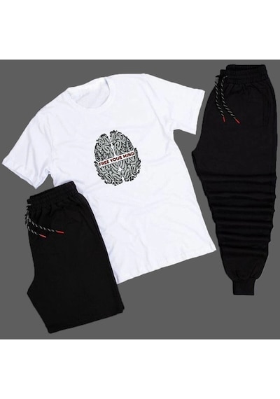 Adrift Free Your Mind Beyin Baskılı Unisex Yazlık Şort - Normal Kalıp Tişört - Eşofman Altı Beyaz