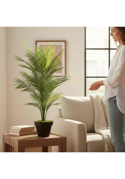 Yapay Areka Ağacı Palmiye Ağacı Salon Bitkisi Yapay Areka 130 Cm 20 Yaprak Siyah Plastik Saksı Çok Renkli