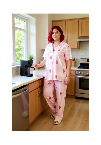 Ersefa Kadın Yıldızlı Melanj Örme Pijama Takımı Gömlek Yaka Fonksiyonel Pembe