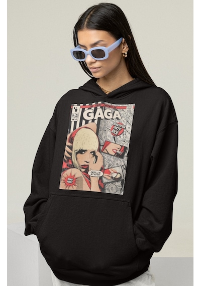Sevbano Lady Gaga Tasarım Baskılı Unisex Oversize Şarkıcı Hoodie Siyah