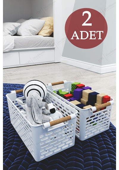 2 Adet Ahşap Saplı Görünüm Beyaz Renk Plastik Mutfak Banyo Eşya Organizer Sepet Düzenleyici Set Beyaz