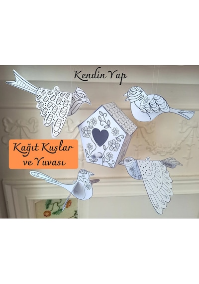 Kağıt Kuşlar Ve Yuvası Şablonu, Kendin Yap, 4 Adet Şablon, Boyama Ve El Sanatları.