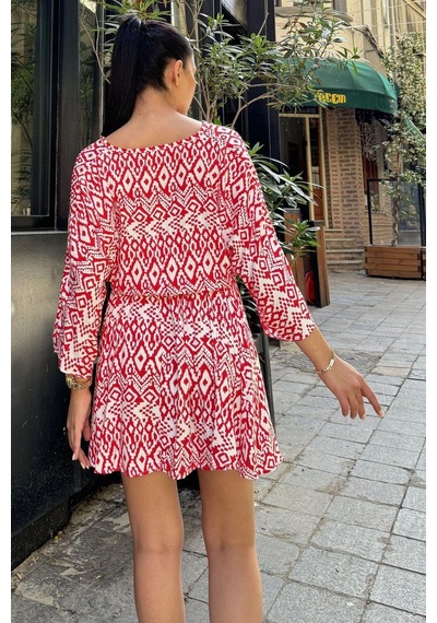 WeShaya Kadın Kırmızı Etnik Desenli Viskon, Yarasa Kol, Kruvaze Mini Kimono - Kloş Kısa Elbise Kırmızı