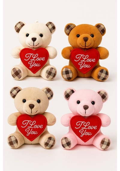 I Love You Seni Seviyorum Mesajlı 4 Adet Sevimli Mini Peluş Ayıcık Kalpli 11x9 Cm Peluş Ayıcıklar Çok Renkli