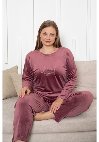 Büyük Beden Kırmızı Likralı Soft Kadife Pijama Takımı GÜL KURUSU