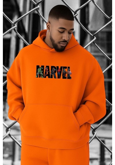 Benroma 3 İplik Penye Marvel Baskılı Büyük Beden Sweatshırt Turuncu