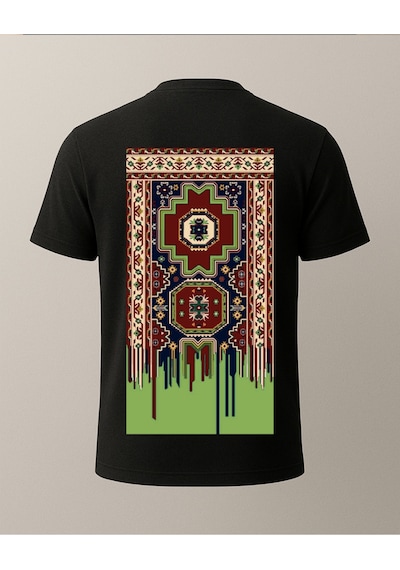 Etnik Yeşil Detaylı Halı Baskılı T-shirt Siyah