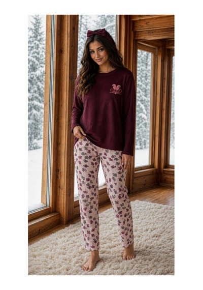 Pemilo Kadın 8811-3 Berlin Uzun Kol Sıfır Yaka Pijama Takım Bordo