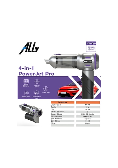 Ally Powerjet Pro 20000pa Güçlü Portatif 3 Kademeli Tasinabilir Vakumlu Kablosuz Üflemeli Mini Araç Süpürgesi