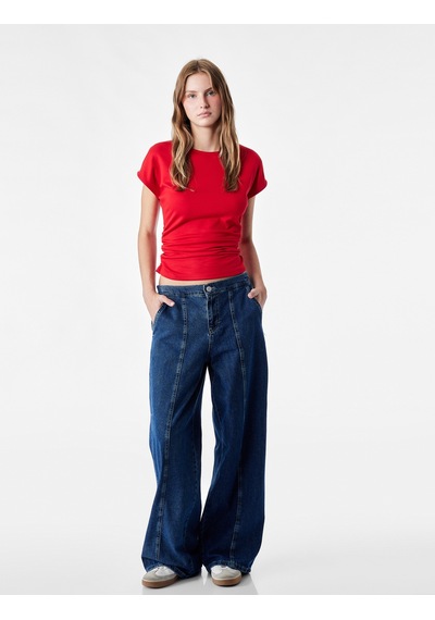 Koton Slim Fit Kısa Kollu Bisiklet Yaka Büzgülü Tişört Kırmızı 6sal10637ık